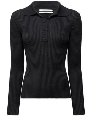 Another Tomorrow Ribbed-Knit Polo Top - Black