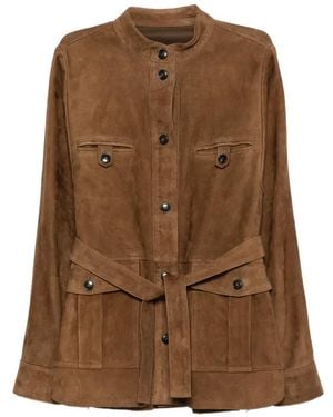 Yves Salomon Belted Leather Jacket - Brown