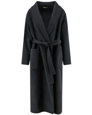 Hevò Belted Shawl-Lapel Coat - Black