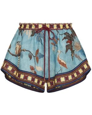 ALÉMAIS Drawstring-Fastening Bird-Print Shorts - Blue
