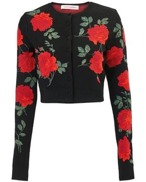 Carolina Herrera Rose Jacquard Cropped Cardigan - Red