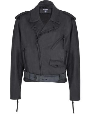 Balmain Belted Leather Biker Jacket - Blue