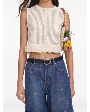 Self-Portrait Floral-Applique Crochet Top - Blue