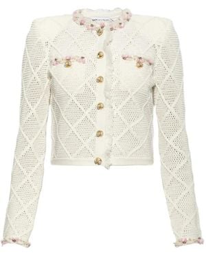 Self-Portrait Embellished Diamond-Knit Cardigan - White