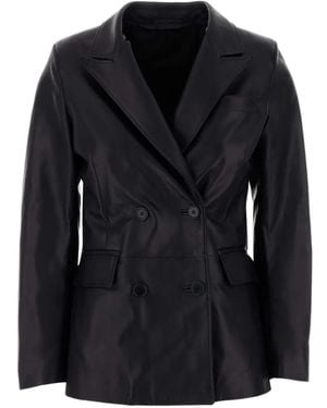 SANTORO Double-Breasted Leather Blazer - Black