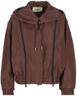 Fendi Hooded Zip-Up Bomber Jacket - Brown