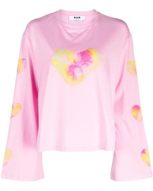 MSGM Watercolour-Effect Heart-Print T-Shirt - Pink