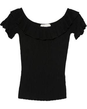 Blumarine Ruffled Ribbed-Knit Top - Black