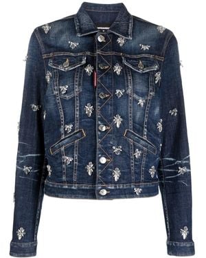 DSquared² Crystal-Embellished Cropped Denim Jacket - Blue