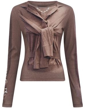 Marine Serre T-Shirt Trompe-L'Oeil A Maniche Lunghe - Marrone