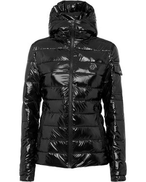 Philipp Plein High-Shine Hooded Down Jacket - Black