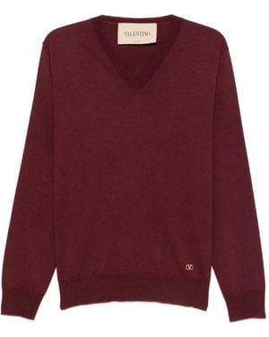 Valentino Garavani V-Neck Logo-Plaque Jumper - Red