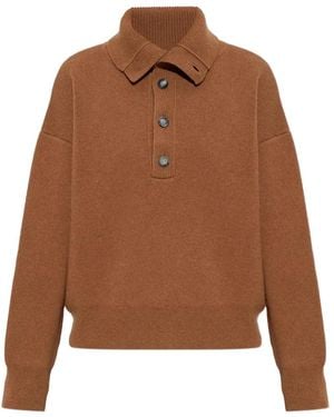 Ami Paris High Buttoned Collar Wool Sweater - Brown