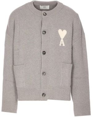 Ami Paris Embroidered Logo Button Cardigan - Gray