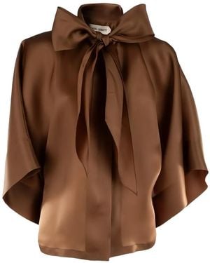 Alberta Ferretti Satin Blouse With Oversized Bow Tie And Boxy Silhouette - Brown