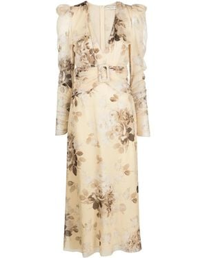Alessandra Rich Floral-Print Belted Silk Dress - Natural