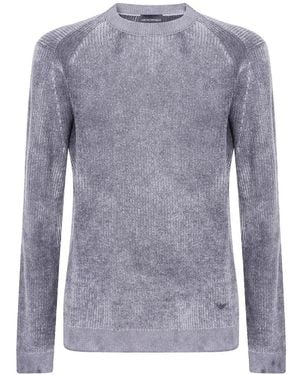 Emporio Armani Ribbed Virgin Wool Jumper With Mélange Print - Blue