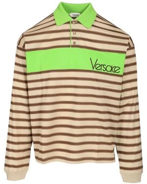Versace Logo-Embroidered Striped Polo Shirt - Green