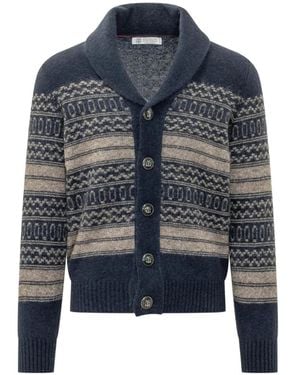 Brunello Cucinelli Fair Isle Shawl-Collar Cardigan - Blue