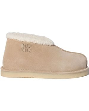 Miu Miu Shearling-Trimmed Suede Boots - Natural