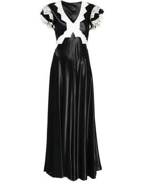 Alberta Ferretti Lace-Trimmed V-Neck Maxi Dress - Black