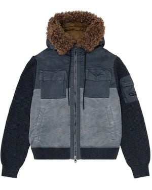 DIESEL Hooded Padded Jacket With Knitted Sleeves - Blue