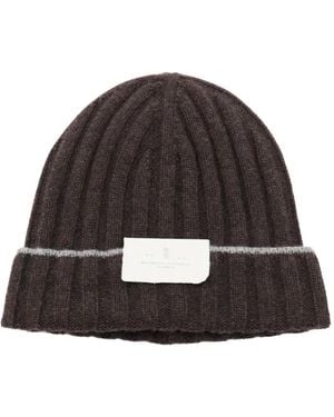 Brunello Cucinelli Ribbed-Knit Logo-Patch Beanie Hat - Brown