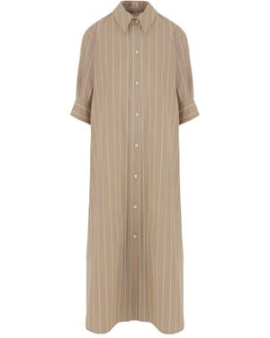 Jil Sander Long Cotton Dress With Striped Pattern - Natural