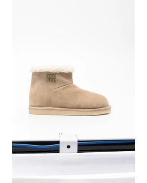 Miu Miu Shearling-Trim Suede Ankle Boots - Natural
