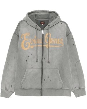 Evisu Distressed Logo-Print Hoodie - Grey