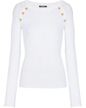Balmain Button Ribbed Top - White