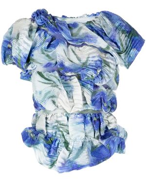 Caroline Hu Floral-Print Plissé-Effect Blouse - Blue