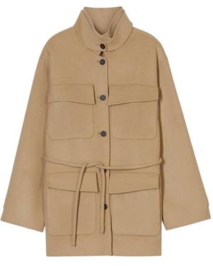 Closed Belted Patch-Pocket Wool Coat - Natural
