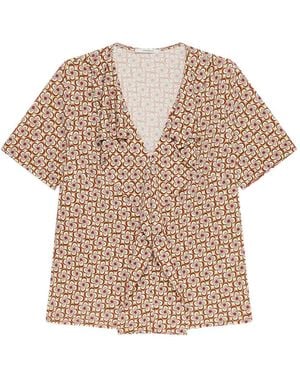 Maliparmi Mouliné Ruffled Geometric V-Neck Top - Natural