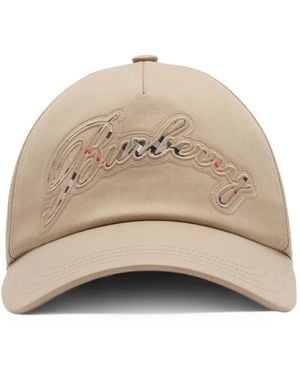 Burberry Check Cursive Logo Gabardine Baseball Cap - Natural