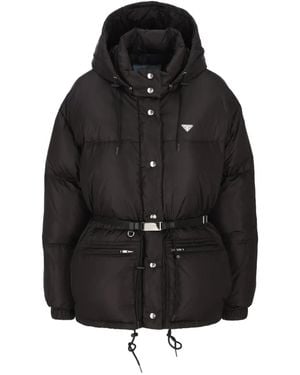 Prada Belted Hooded Puffer Coat - Black