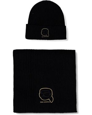 KARL LAGERFELD Logo Detail Beanie Hat And Scarf Set - Black