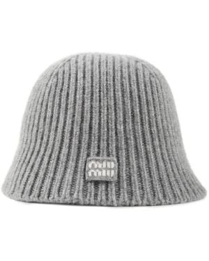 Miu Miu Logo-Patch Beanie Hat - Gray