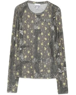 Ganni Floral-Print Long-Sleeve T-Shirt - Grey