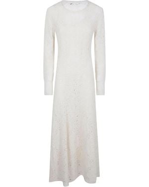 D.exterior Open-Knit Long-Sleeve Midi Dress - White