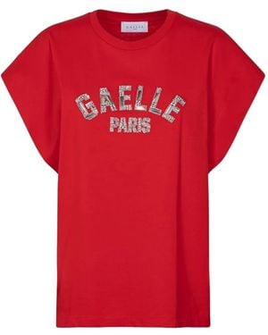 Gaelle Paris Sequin-Logo Cap-Sleeve T-Shirt - Red