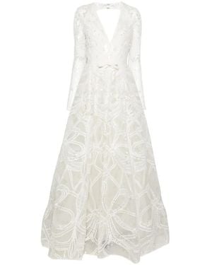 Elie Saab Sequin-Embellished Lace-Overlay Maxi Dress - White