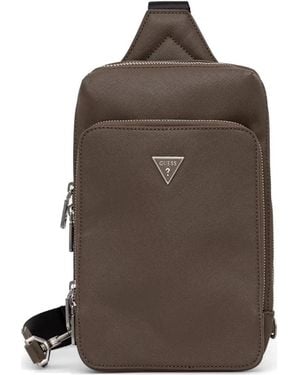 Guess Milano Crosshatch-Texture Logo-Plaque Shoulder Bag - Brown