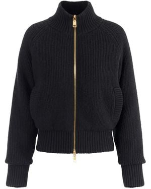 Elisabetta Franchi Ribbed-Knit Zip-Front Bomber Jacket - Black