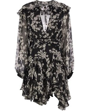 Elisabetta Franchi Printed Silk Voile Dress With Ruffles - Black