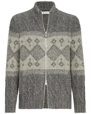 Brunello Cucinelli Virgin Wool, Silk And Cashmere Chiné Cable Knit Cardigan With Intarsia - Gray