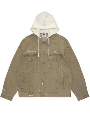 Aape By A Bathing Ape Moonface-Print Detachable-Hood Denim Jacket - Natural