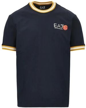 EA7 Logo-Print Striped-Trim T-Shirt - Blue