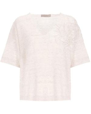 D.exterior Floral-Embroidered V-Neck T-Shirt - White