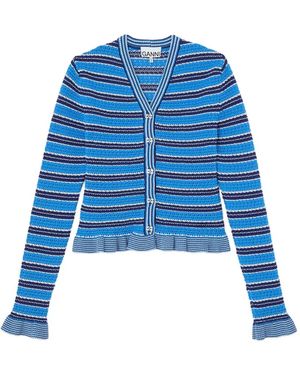 Ganni Striped Pointelle-Knit Cardigan - Blue